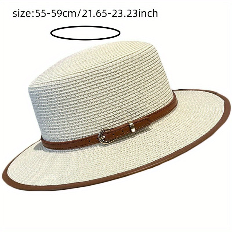 British Flat Top Sun Hat Faux Leather Belt Decor Panama Hat Women Summer Travel Beach Straw Hat