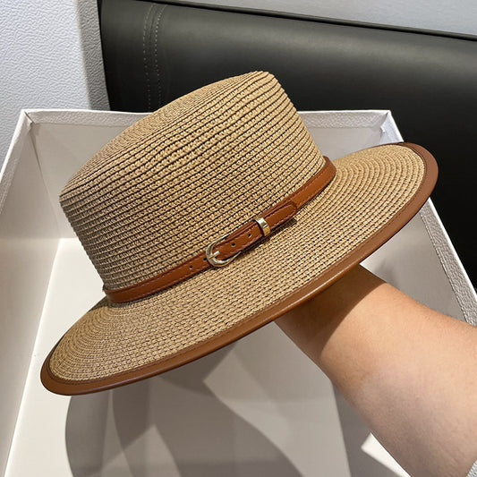 British Flat Top Sun Hat Faux Leather Belt Decor Panama Hat Women Summer Travel Beach Straw Hat