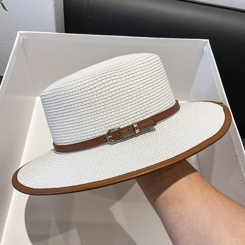 British Flat Top Sun Hat Faux Leather Belt Decor Panama Hat Women Summer Travel Beach Straw Hat