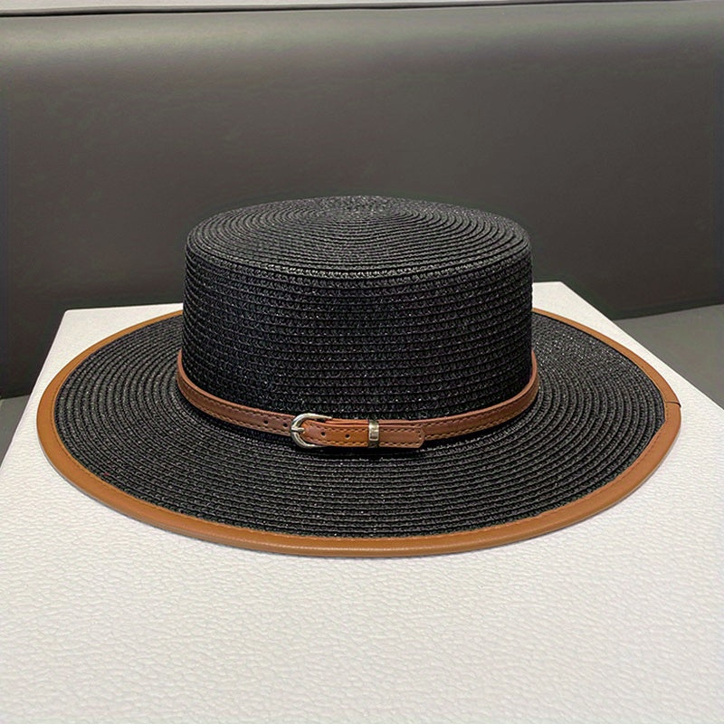 British Flat Top Sun Hat Faux Leather Belt Decor Panama Hat Women Summer Travel Beach Straw Hat