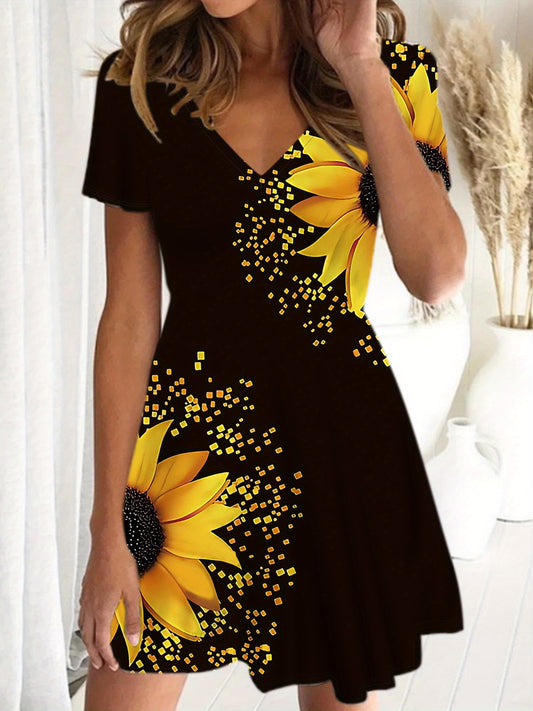 Sunflower Print Slim Dress, Casual Short Sleeve V-neck Dress For Summer & Spring, Women's Clothing