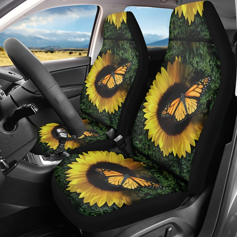 Butterfly And Sunflower Print Car Seat Covers For Five-Seater Cars, Stylish Car Seat Protector For 2 Front Seats/ 5 Seats, Universal For All Seasons