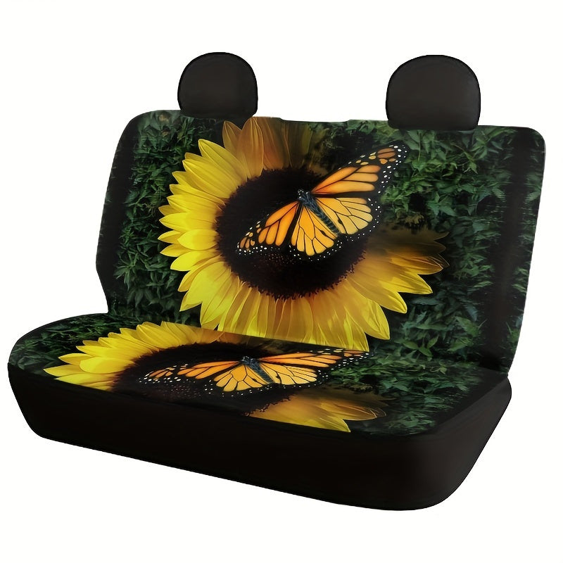 Butterfly And Sunflower Print Car Seat Covers For Five-Seater Cars, Stylish Car Seat Protector For 2 Front Seats/ 5 Seats, Universal For All Seasons