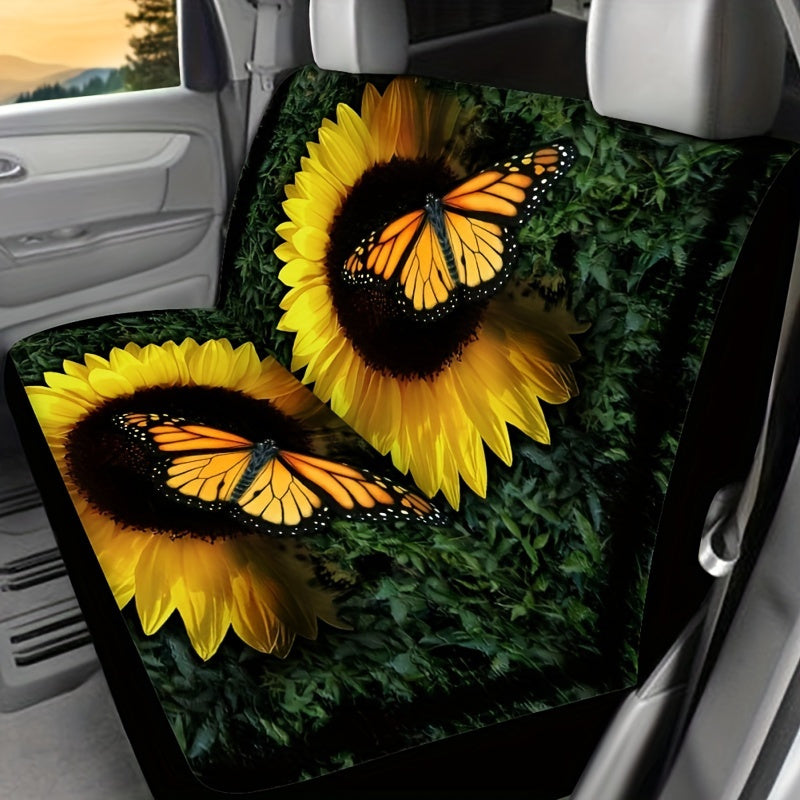 Butterfly And Sunflower Print Car Seat Covers For Five-Seater Cars, Stylish Car Seat Protector For 2 Front Seats/ 5 Seats, Universal For All Seasons