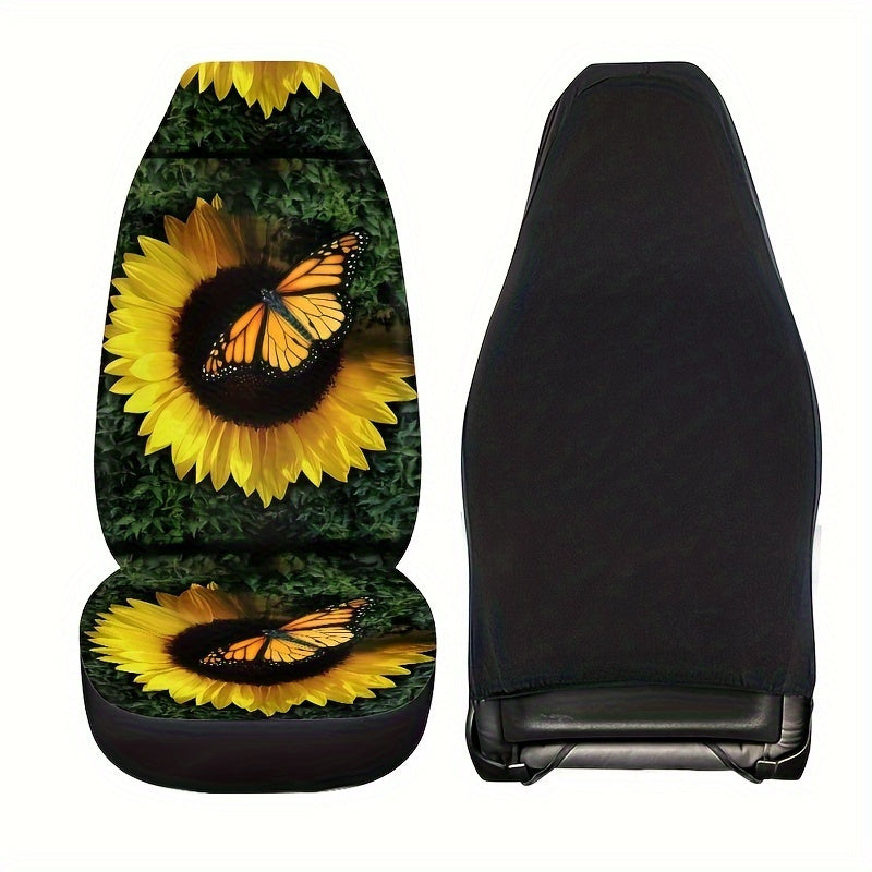 Butterfly And Sunflower Print Car Seat Covers For Five-Seater Cars, Stylish Car Seat Protector For 2 Front Seats/ 5 Seats, Universal For All Seasons