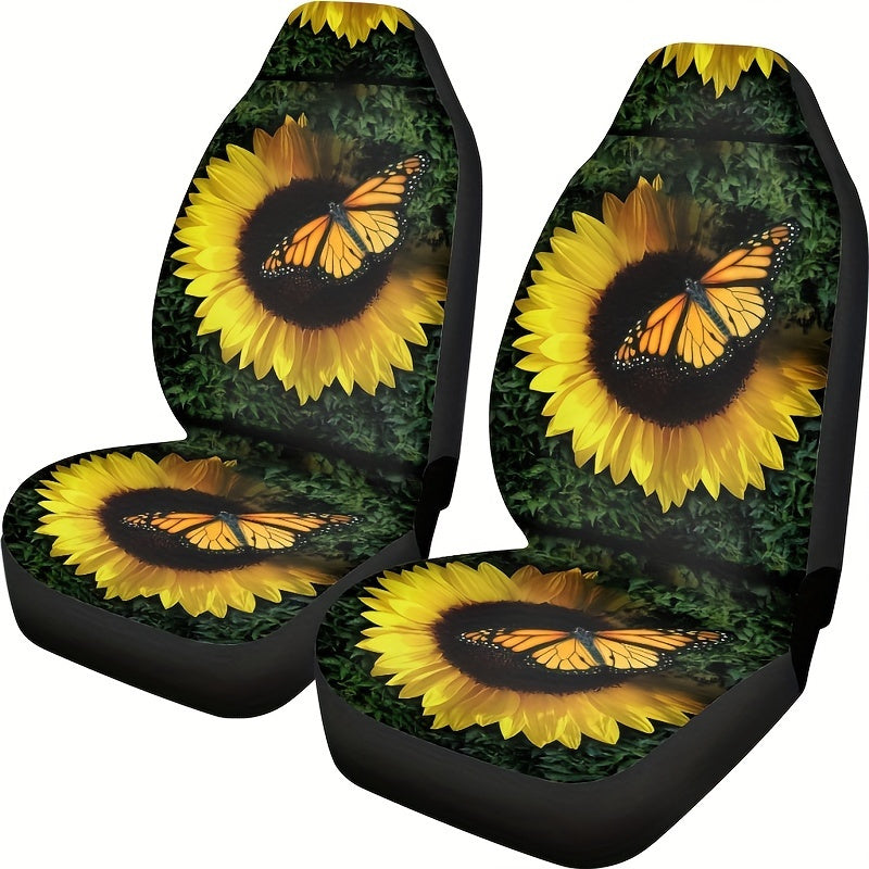 Butterfly And Sunflower Print Car Seat Covers For Five-Seater Cars, Stylish Car Seat Protector For 2 Front Seats/ 5 Seats, Universal For All Seasons