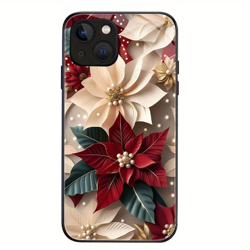 Floral Tempered Glass Phone Case Bundle for iPhone 11/12/13/14/15 Pro Max – Poinsettia Design Protective Cover with Scratch-Resistant Finish