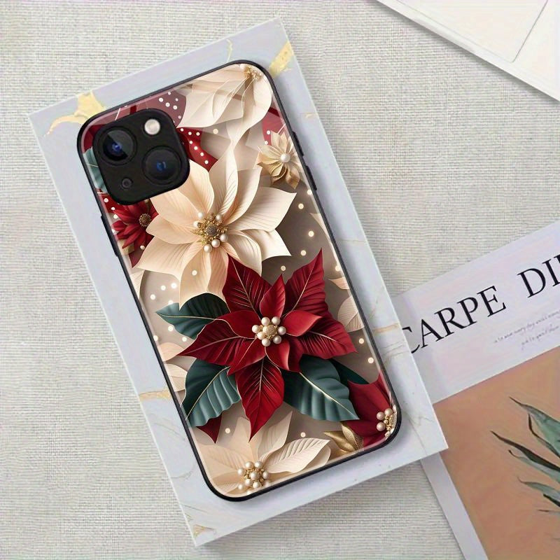 Floral Tempered Glass Phone Case Bundle for iPhone 11/12/13/14/15 Pro Max – Poinsettia Design Protective Cover with Scratch-Resistant Finish