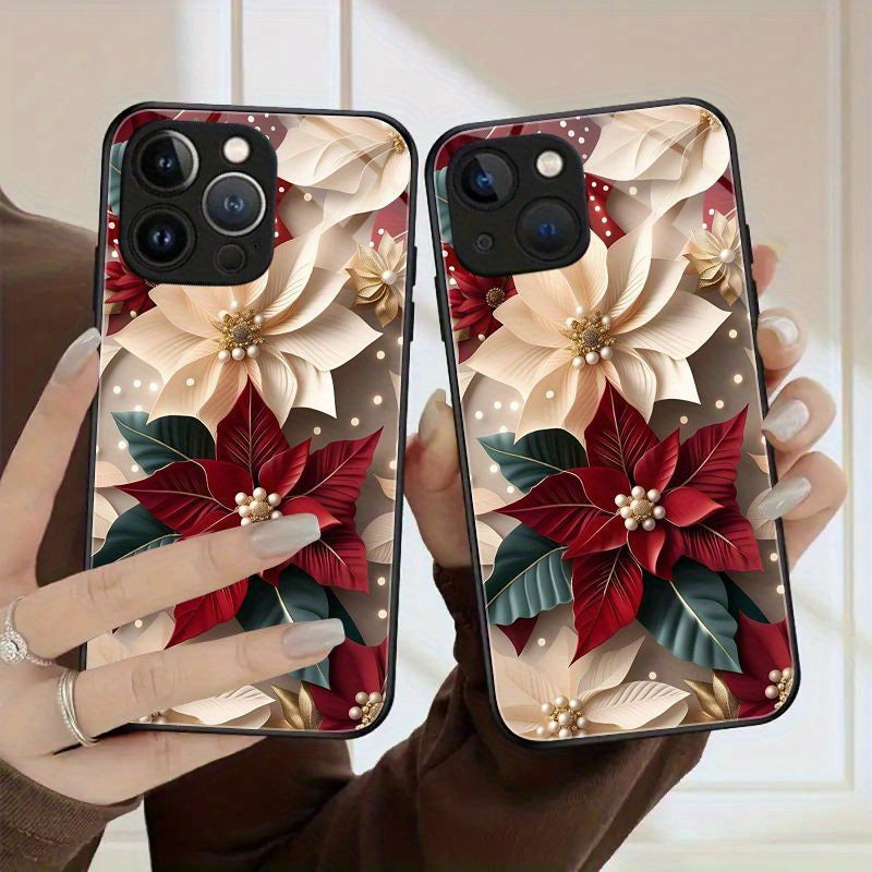 Floral Tempered Glass Phone Case Bundle for iPhone 11/12/13/14/15 Pro Max – Poinsettia Design Protective Cover with Scratch-Resistant Finish