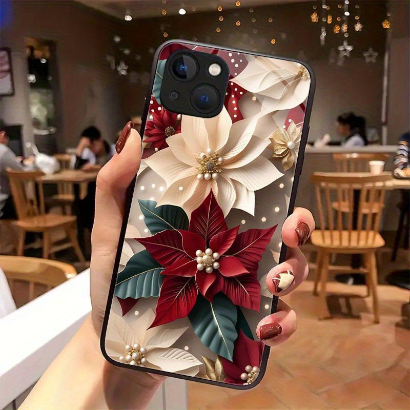 Floral Tempered Glass Phone Case Bundle for iPhone 11/12/13/14/15 Pro Max – Poinsettia Design Protective Cover with Scratch-Resistant Finish