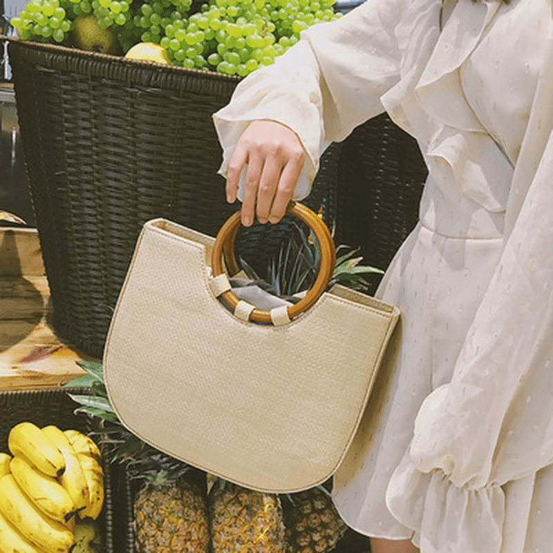 Chic Boho Straw Woven Handbag with Round Wooden Handle - Versatile Crossbody Bag for Women, Perfect for Beach & Travel