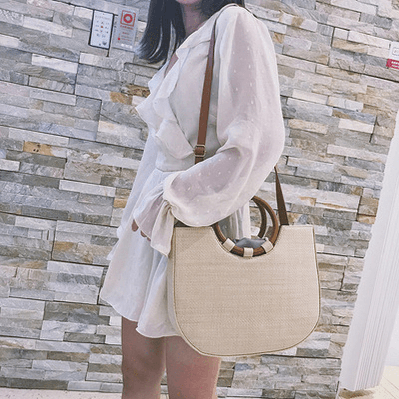 Chic Boho Straw Woven Handbag with Round Wooden Handle - Versatile Crossbody Bag for Women, Perfect for Beach & Travel