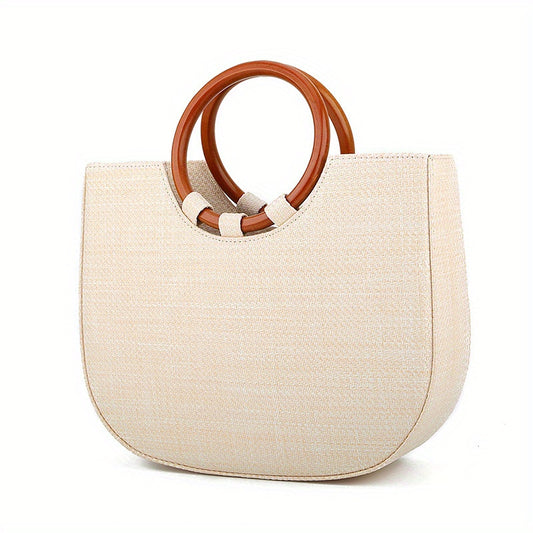 Chic Boho Straw Woven Handbag with Round Wooden Handle - Versatile Crossbody Bag for Women, Perfect for Beach & Travel