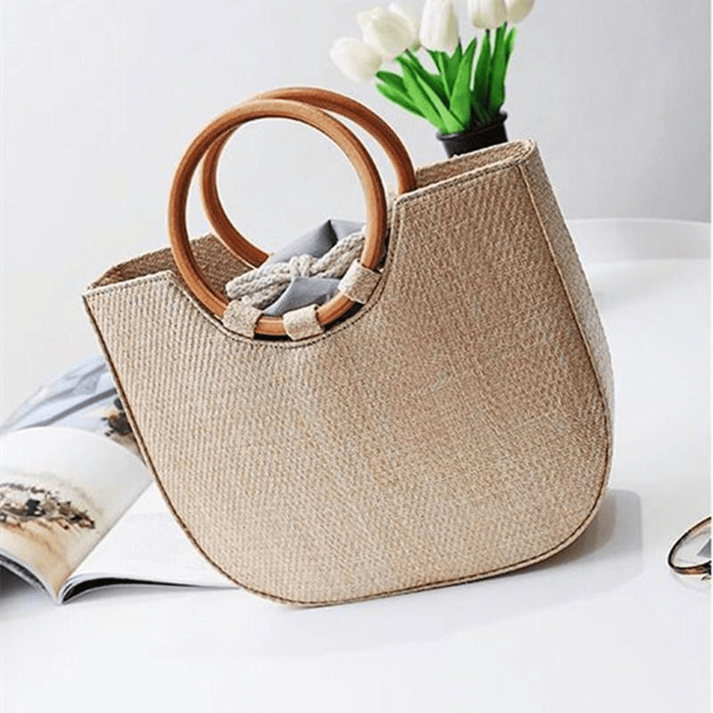 Chic Boho Straw Woven Handbag with Round Wooden Handle - Versatile Crossbody Bag for Women, Perfect for Beach & Travel