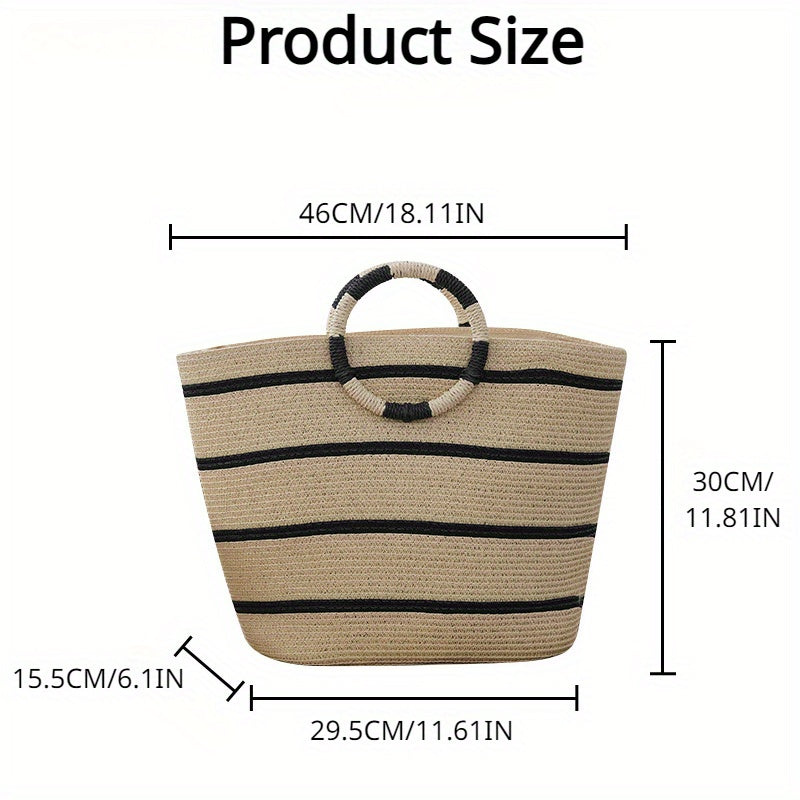 Large Straw Tote Bag For Women, Hand-Woven Beach Bag With Black Stripes, Minimalist Seaside Vacation Travel Bag, Business Gift Packaging Bag With Large Capacity