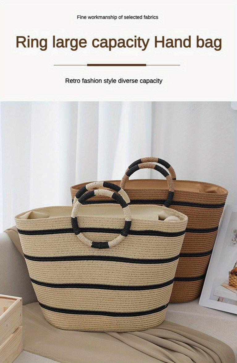 Large Straw Tote Bag For Women, Hand-Woven Beach Bag With Black Stripes, Minimalist Seaside Vacation Travel Bag, Business Gift Packaging Bag With Large Capacity