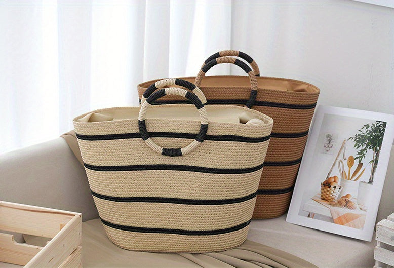 Large Straw Tote Bag For Women, Hand-Woven Beach Bag With Black Stripes, Minimalist Seaside Vacation Travel Bag, Business Gift Packaging Bag With Large Capacity