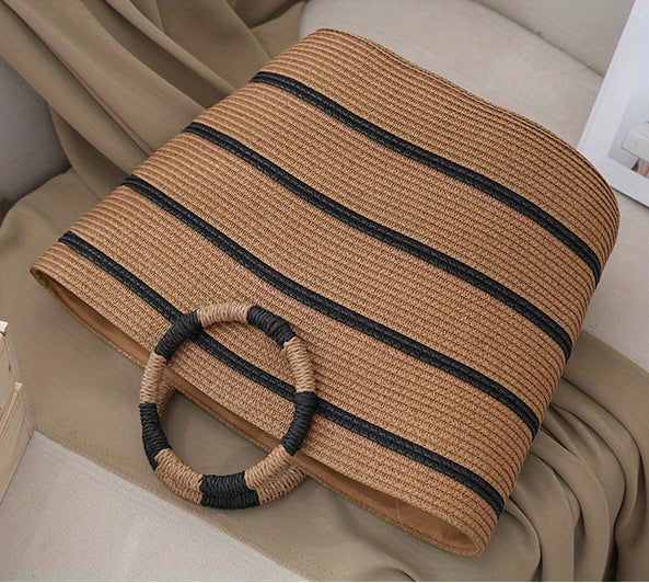 Large Straw Tote Bag For Women, Hand-Woven Beach Bag With Black Stripes, Minimalist Seaside Vacation Travel Bag, Business Gift Packaging Bag With Large Capacity