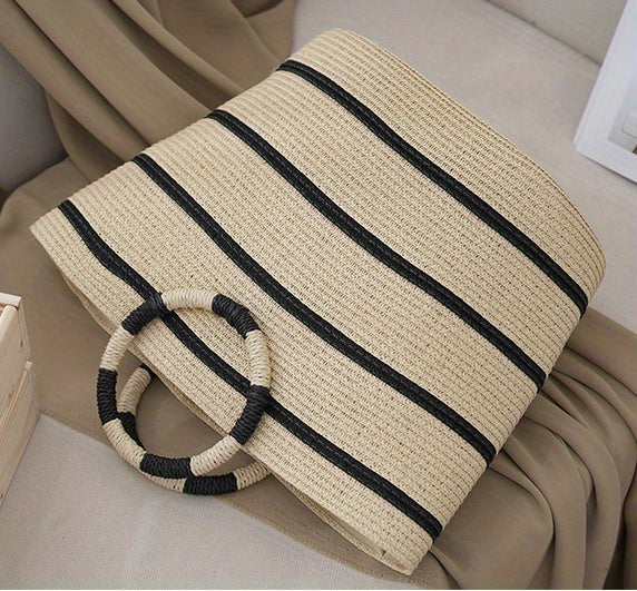 Large Straw Tote Bag For Women, Hand-Woven Beach Bag With Black Stripes, Minimalist Seaside Vacation Travel Bag, Business Gift Packaging Bag With Large Capacity