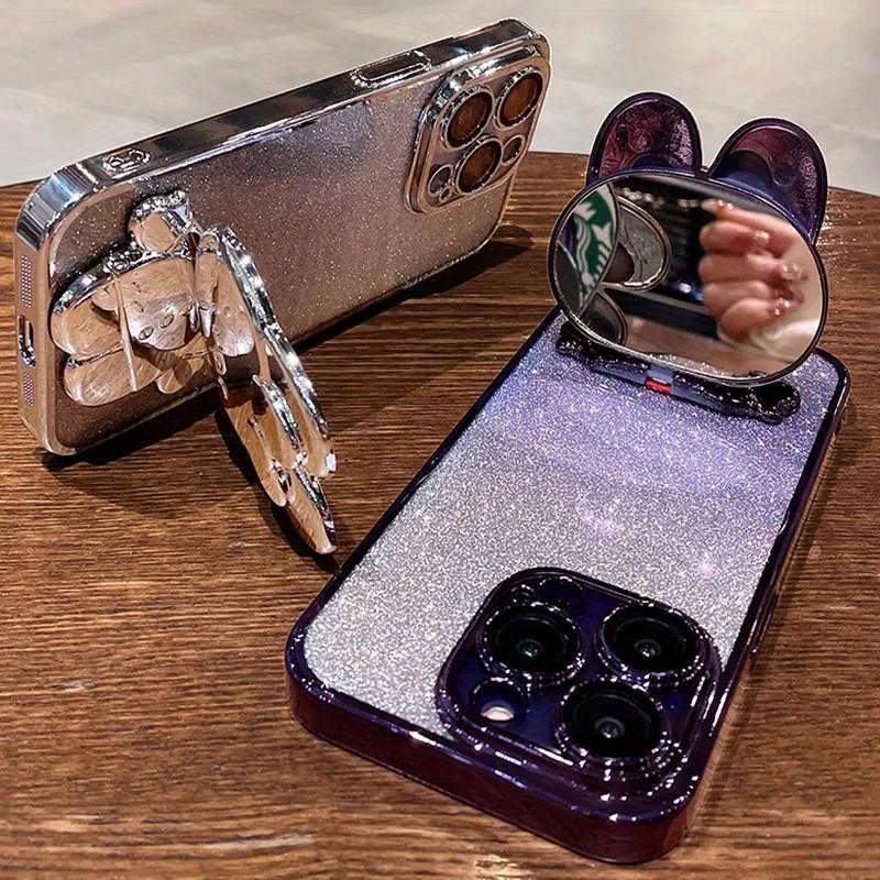 Luxury Bracket Case for Samsung A54 Glitter Mirror Rabbit Holder Soft Case for Samsung Galaxy A34 A14 A15 A35 A55 A05S A04S A13 5G Shockproof Cover