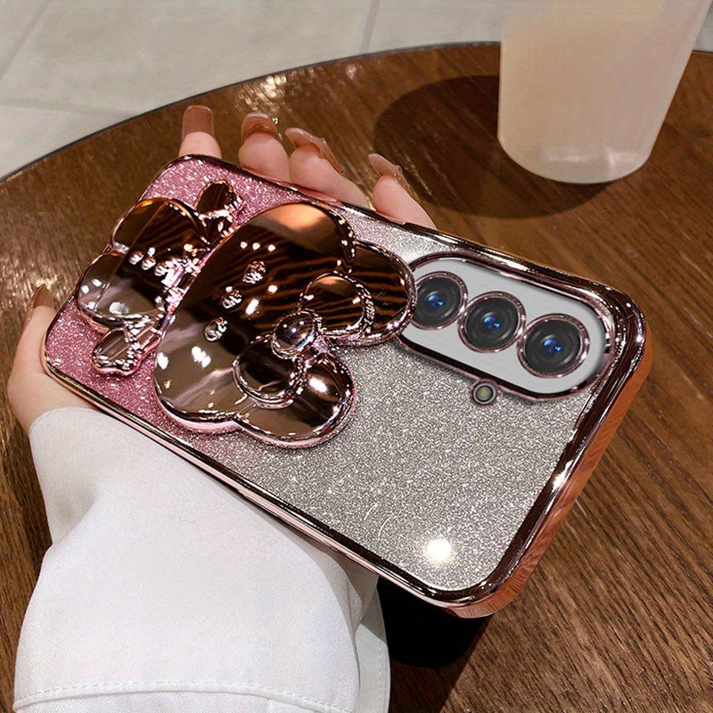 Luxury Bracket Case for Samsung A54 Glitter Mirror Rabbit Holder Soft Case for Samsung Galaxy A34 A14 A15 A35 A55 A05S A04S A13 5G Shockproof Cover