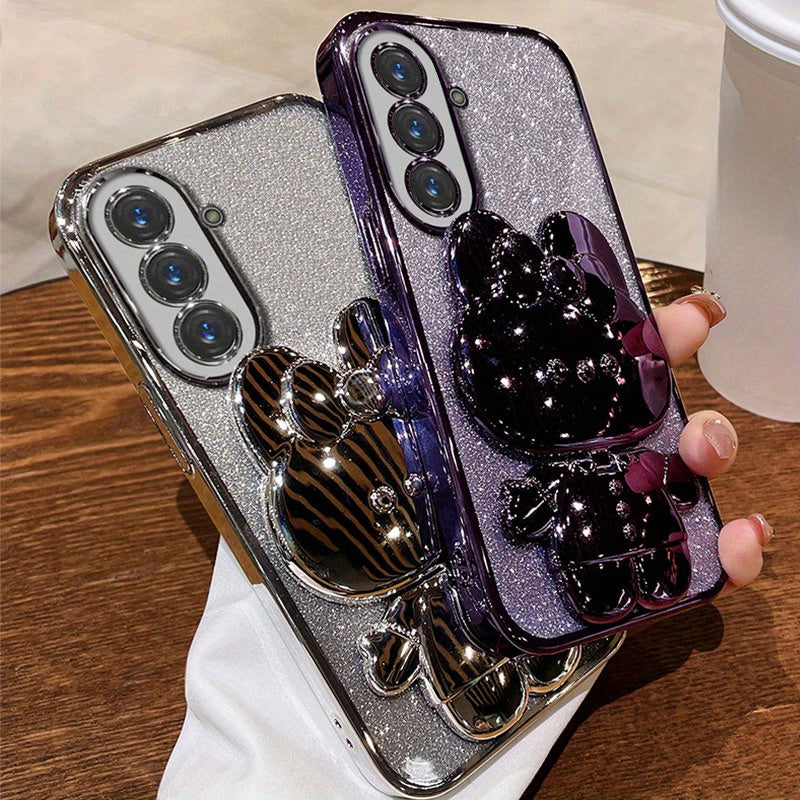 Luxury Bracket Case for Samsung A54 Glitter Mirror Rabbit Holder Soft Case for Samsung Galaxy A34 A14 A15 A35 A55 A05S A04S A13 5G Shockproof Cover