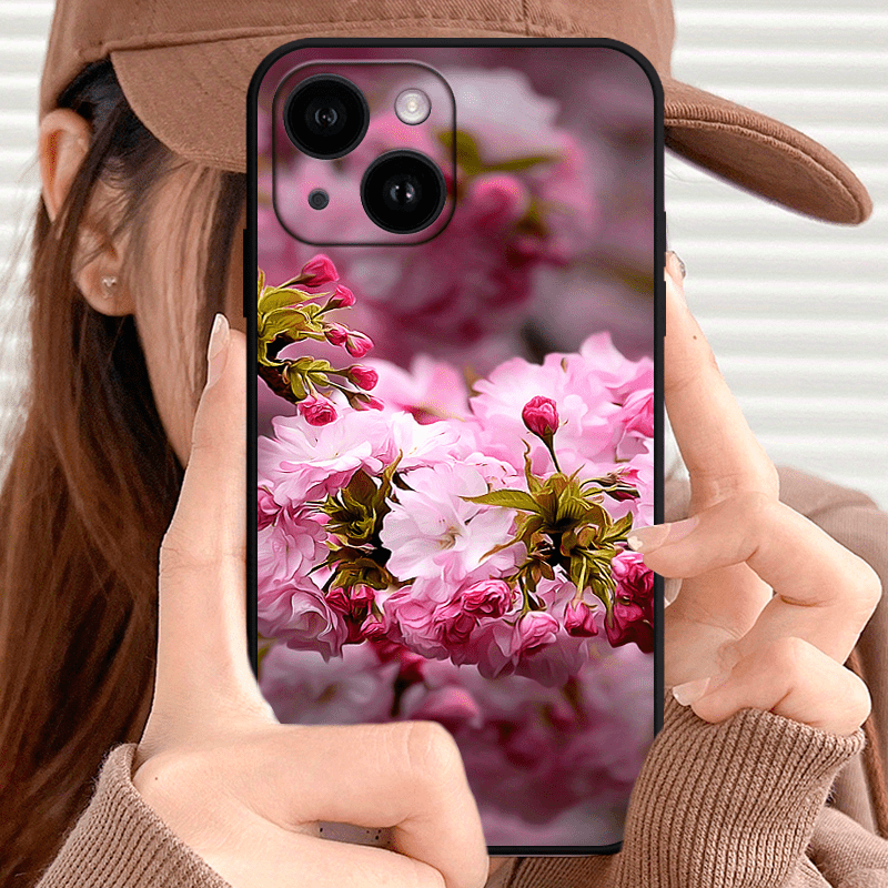 Pink Flower TPU Anti-Slip Anti-Fingerprint Phone Case For iPhone 15/14/13/12/11 Pro Plus Max/XS Max/X/XR/8/7/6/6S/SE/2020/2022/12/13/14 Plus For Mini Men and Women Gift