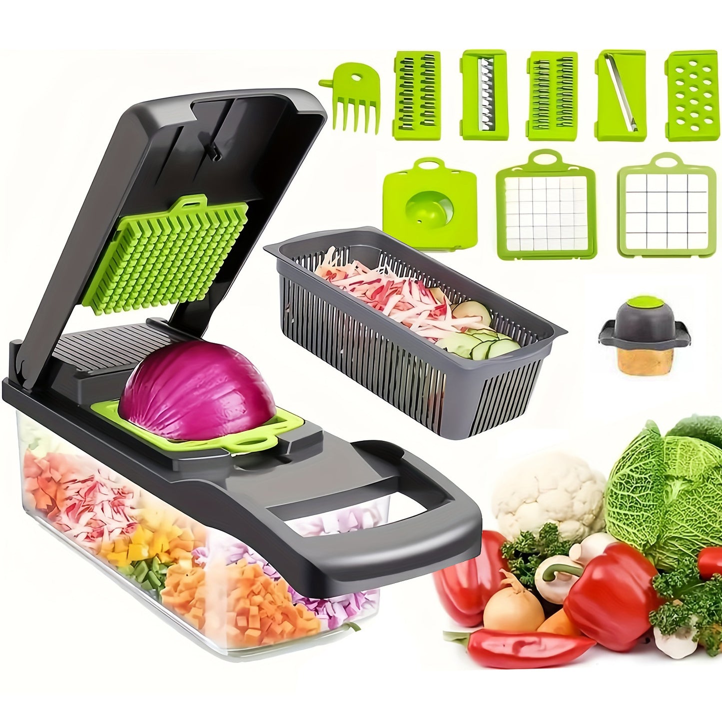 15pcs/set, Upgraded Vegetable Chopper,  Handle Food Grater, Vegetable Slicer, Cutter With Container, Onion Mincer Chopper With Multiple Interchangeable Blades, Household Potato Shredder, Kitchen Stuff,.