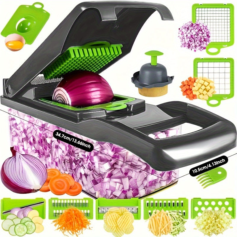 15pcs/set, Upgraded Vegetable Chopper,  Handle Food Grater, Vegetable Slicer, Cutter With Container, Onion Mincer Chopper With Multiple Interchangeable Blades, Household Potato Shredder, Kitchen Stuff,.