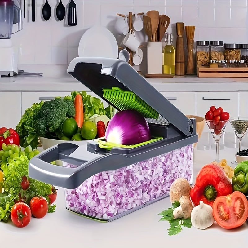 15pcs/set, Upgraded Vegetable Chopper,  Handle Food Grater, Vegetable Slicer, Cutter With Container, Onion Mincer Chopper With Multiple Interchangeable Blades, Household Potato Shredder, Kitchen Stuff,.