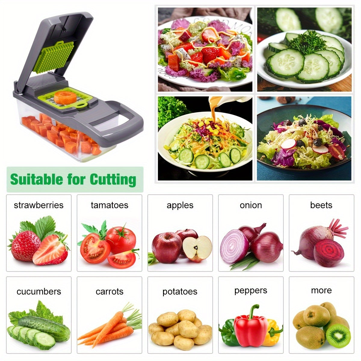 15pcs/set, Upgraded Vegetable Chopper,  Handle Food Grater, Vegetable Slicer, Cutter With Container, Onion Mincer Chopper With Multiple Interchangeable Blades, Household Potato Shredder, Kitchen Stuff,.