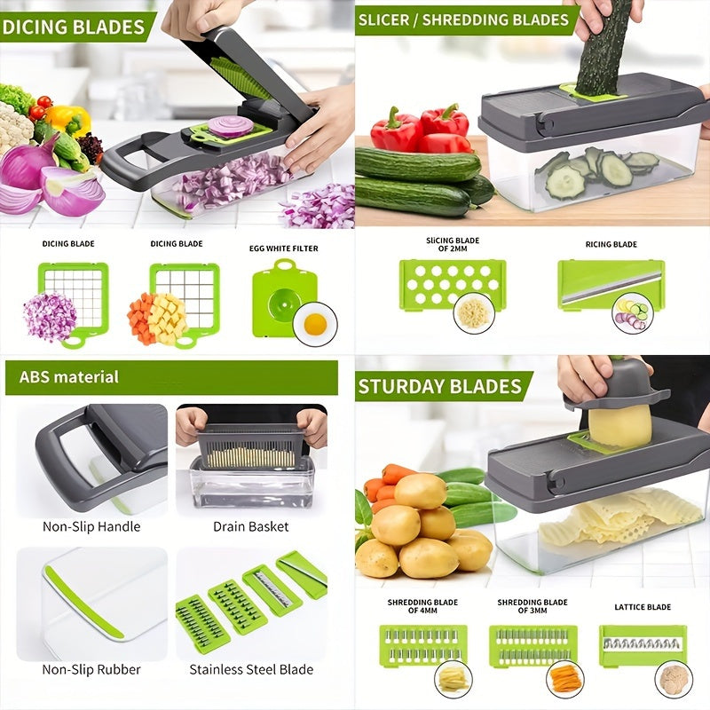 15pcs/set, Upgraded Vegetable Chopper,  Handle Food Grater, Vegetable Slicer, Cutter With Container, Onion Mincer Chopper With Multiple Interchangeable Blades, Household Potato Shredder, Kitchen Stuff,.