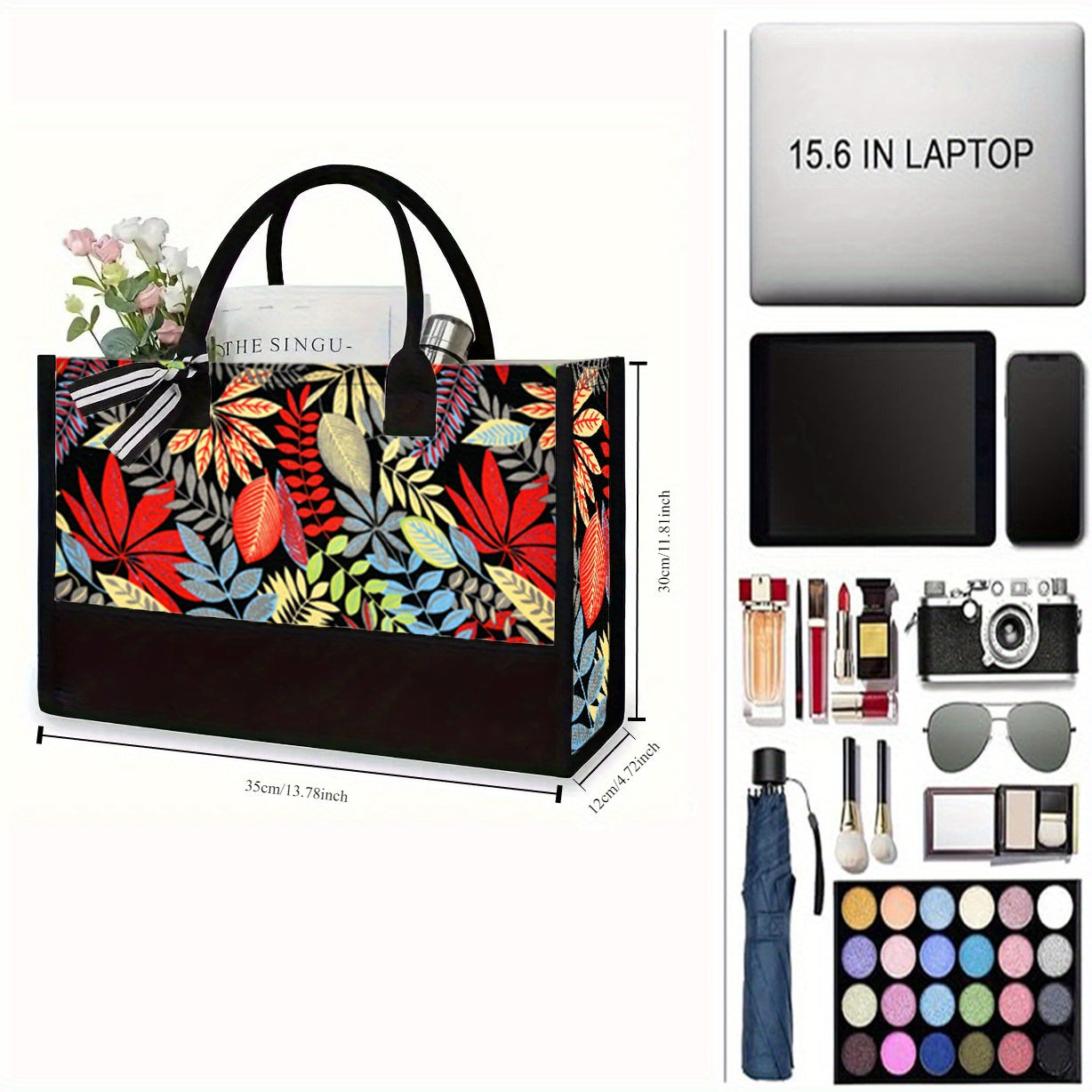 1pc Tropical Floral Canvas Tote Bag, Large Capacity Shoulder Tote With Vibrant Maple Leaf Print Bag, Versatile Handbag For Shopping & Travel