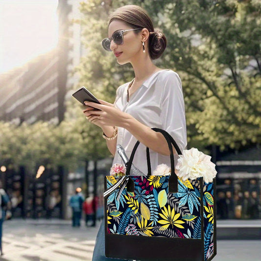 1pc Tropical Floral Canvas Tote Bag, Large Capacity Shoulder Tote With Vibrant Maple Leaf Print Bag, Versatile Handbag For Shopping & Travel