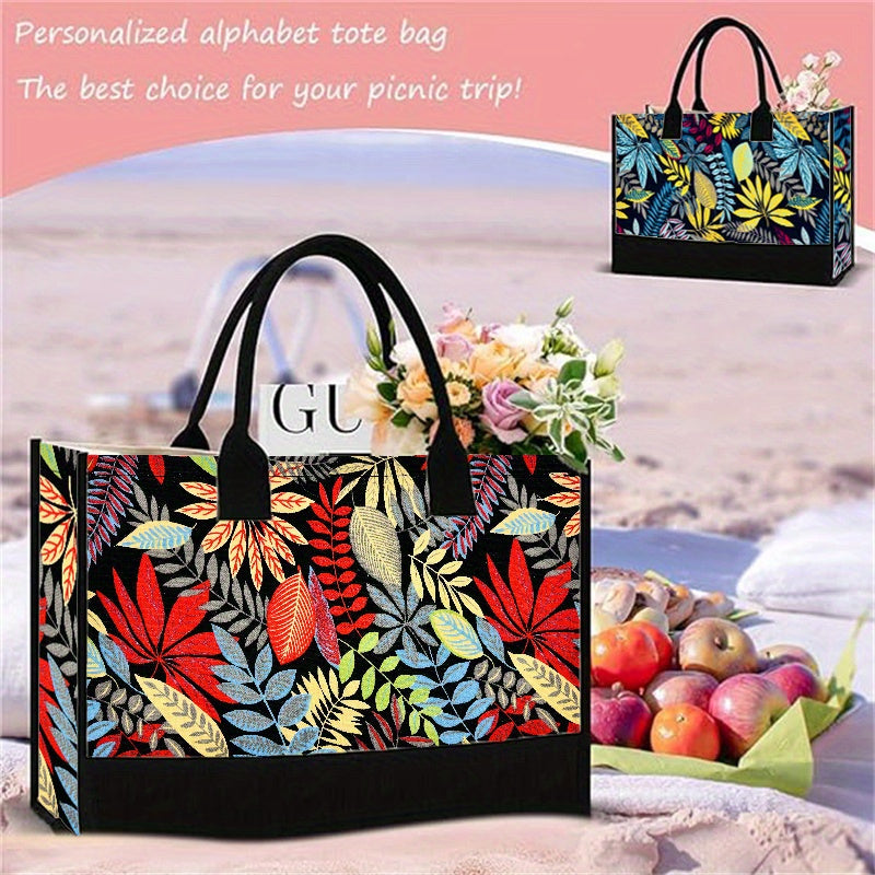 1pc Tropical Floral Canvas Tote Bag, Large Capacity Shoulder Tote With Vibrant Maple Leaf Print Bag, Versatile Handbag For Shopping & Travel