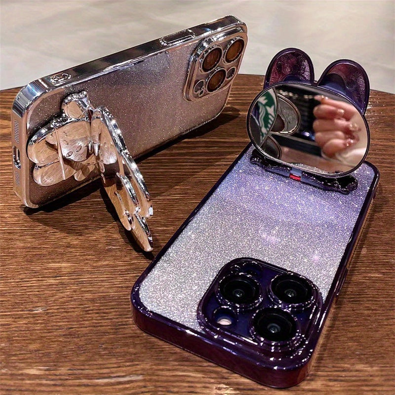 Glitter Case For HUAWEI Y7 Y9 Prime 2019 Y6p Y9s Cute Cartoon Rabbit Phone Case Luxury Laser Electroplated Mirror Holder Cover + Folding Stand