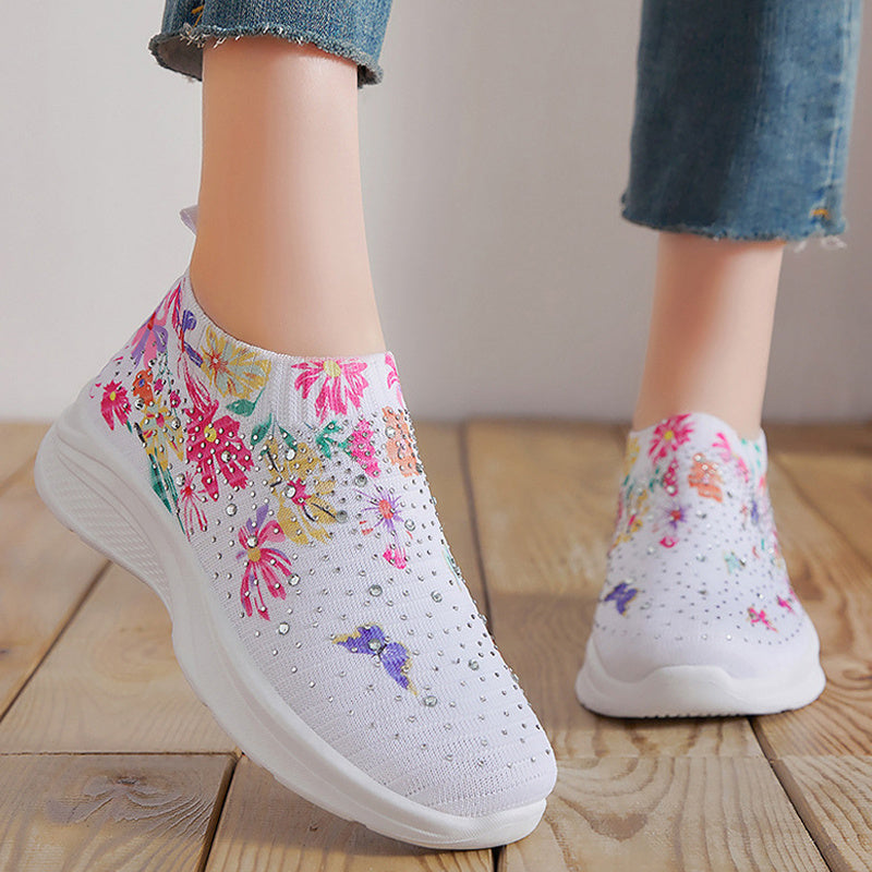 Women's Floral Pattern Sock Sneakers, Rhinestone Decor Knitted Slip On Walking Shoes, Casual Breathable Trainers