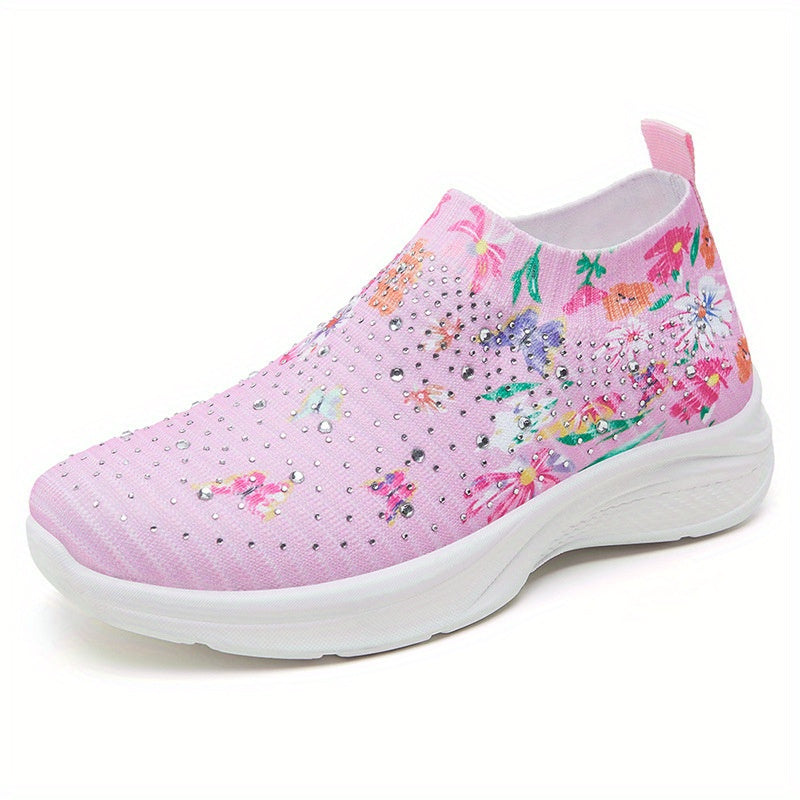 Women's Floral Pattern Sock Sneakers, Rhinestone Decor Knitted Slip On Walking Shoes, Casual Breathable Trainers