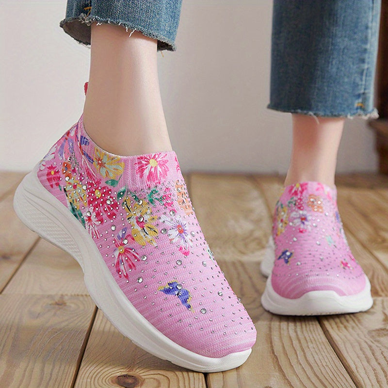 Women's Floral Pattern Sock Sneakers, Rhinestone Decor Knitted Slip On Walking Shoes, Casual Breathable Trainers