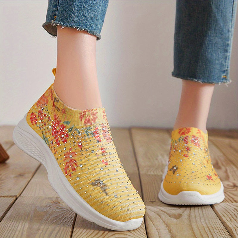 Women's Floral Pattern Sock Sneakers, Rhinestone Decor Knitted Slip On Walking Shoes, Casual Breathable Trainers