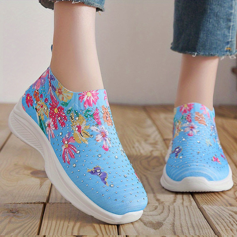 Women's Floral Pattern Sock Sneakers, Rhinestone Decor Knitted Slip On Walking Shoes, Casual Breathable Trainers