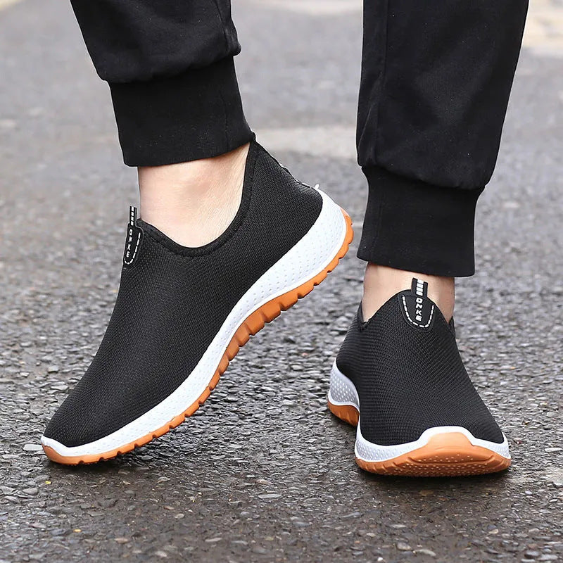 Men's Solid Color Slip On Breathable Sock Loafer Shoes, Comfy Non Slip Durable Soft Sole Sneakers, Middle Aged Men's Footwear