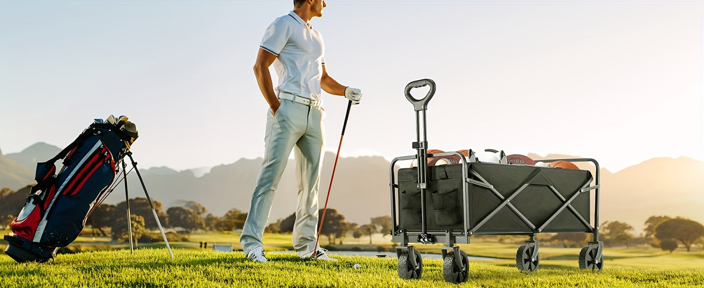 1pc Collapsible Foldable Wagon Cart, 220/330LBS Heavy Duty Utility Garden Cart With All-Terrain Wheels For Beach, Lawn, Sports, Camping, Black, 30"