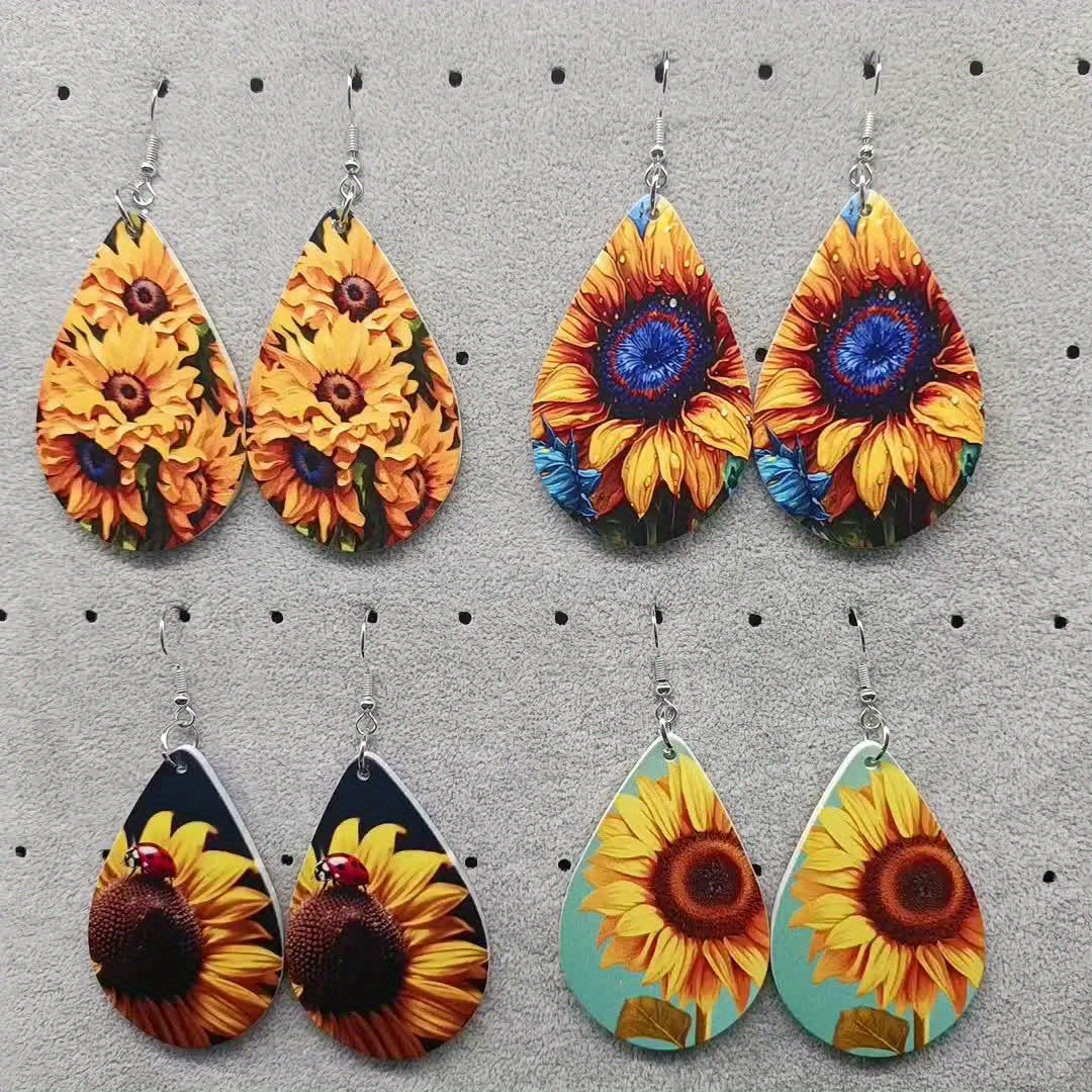 4Pairs Charming Sunflower Water Drop Earrings - Fashionable and Vibrant Design - Perfect for Teenage Girls