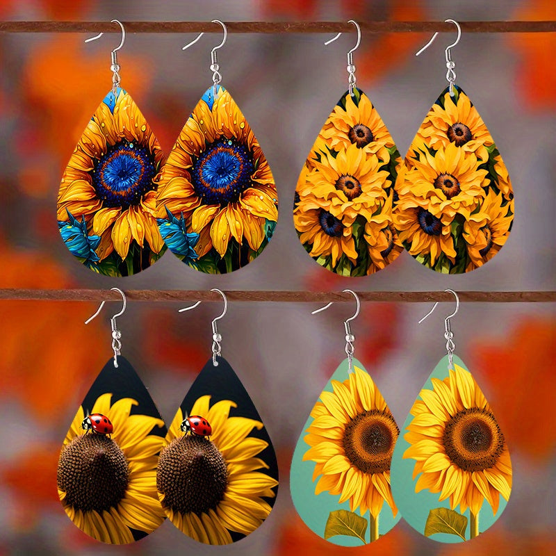 4Pairs Charming Sunflower Water Drop Earrings - Fashionable and Vibrant Design - Perfect for Teenage Girls