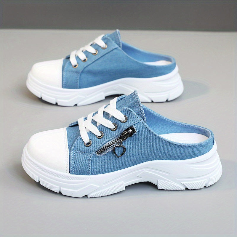 Women's Side Zipper Design Mule Sneakers, Casual Lace Up Outdoor Shoes, Women's Comfortable Shoes