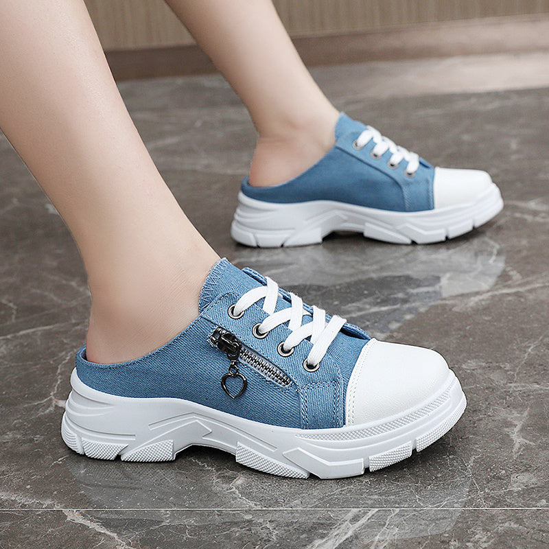 Women's Side Zipper Design Mule Sneakers, Casual Lace Up Outdoor Shoes, Women's Comfortable Shoes