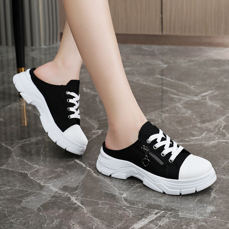 Women's Side Zipper Design Mule Sneakers, Casual Lace Up Outdoor Shoes, Women's Comfortable Shoes