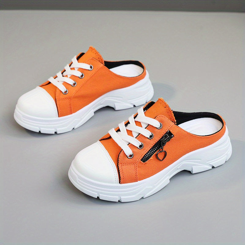 Women's Side Zipper Design Mule Sneakers, Casual Lace Up Outdoor Shoes, Women's Comfortable Shoes