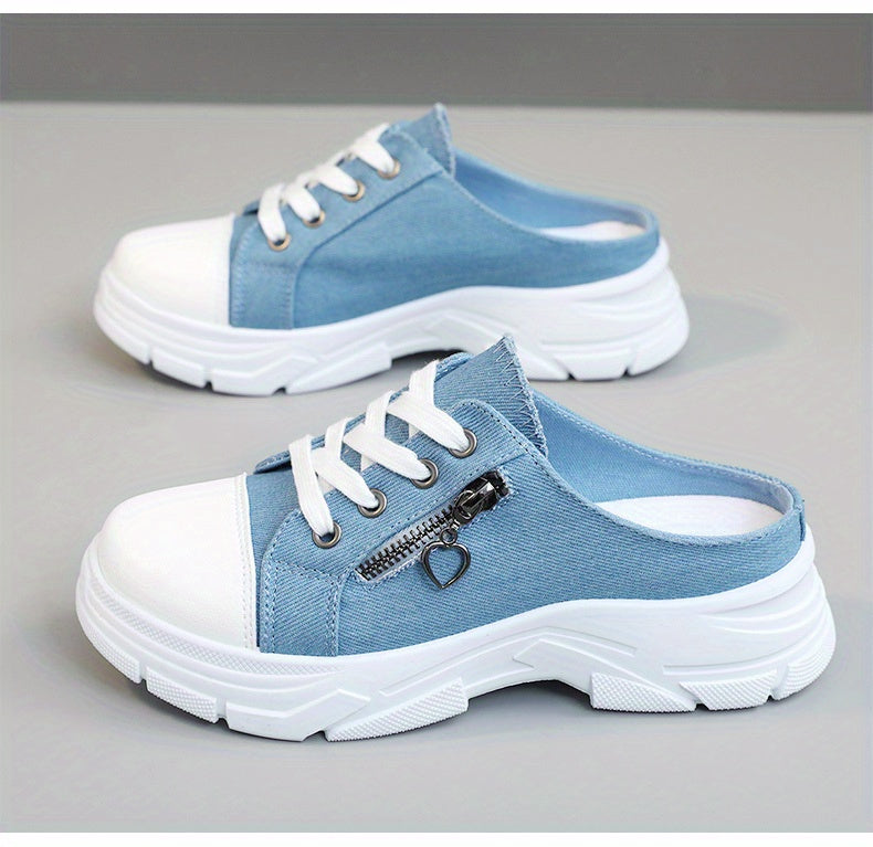 Women's Side Zipper Design Mule Sneakers, Casual Lace Up Outdoor Shoes, Women's Comfortable Shoes